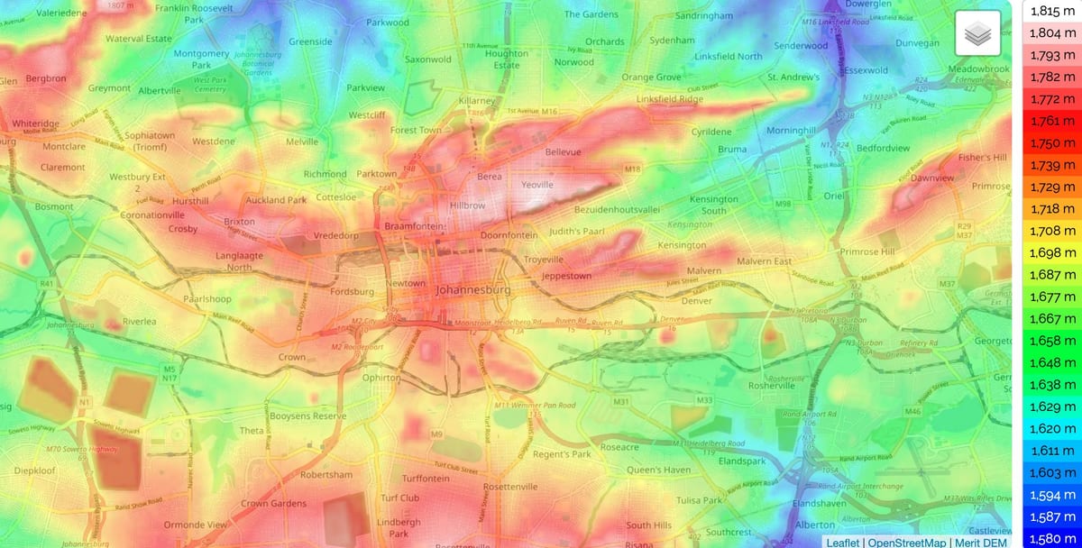 Johannesburg (Joburg Jozi) hoogtekaart